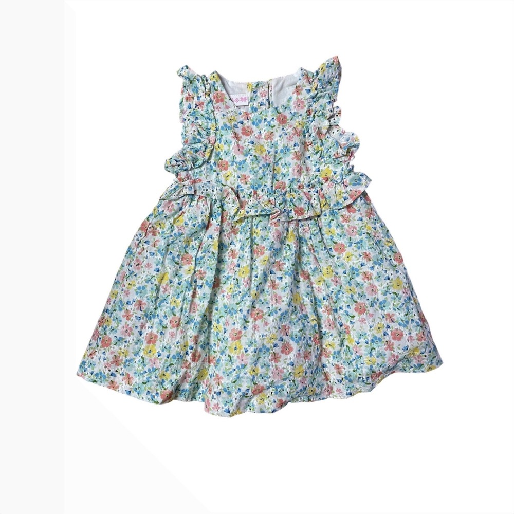 Bonnie Baby Floral Eyelet Ruffle Dress Blue Pink Yellow 12M NEW